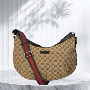 Gucci Half Moon Saddle Crossbody GG Canvas Hobo Bag with Green and Red Stra